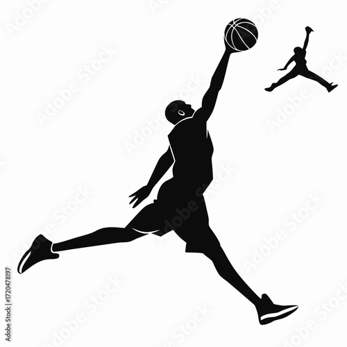 Basketball player making slam dunk silhouette