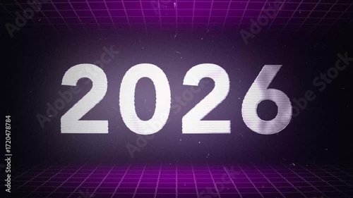 Futuristic 2026 Happy New Year Typography with Retro Grid Background Digital Artwork in Neon Cyberpunk Style