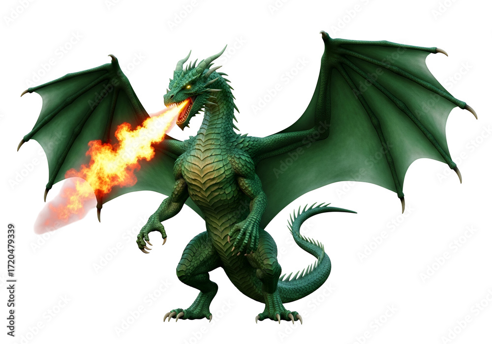 Fototapeta premium A large, emerald-green dragon, with outstretched wings, exhales a vibrant jet of fire against a stark black backdrop.