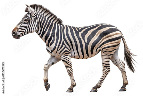 A single zebra with black and white stripes walking with a black background in the image created with generated ai
