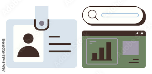 ID badge with photo and details next to web interface displaying search bar and analytics. Ideal for identity, security, analysis, data, authentication, technology, and management. Simple flat