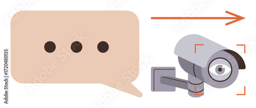 Speech bubble with ellipsis next to a security camera pointing right. Ideal for themes thumbs up surveillance, communication, privacy, monitoring, technology, observation, safety. A simple flat