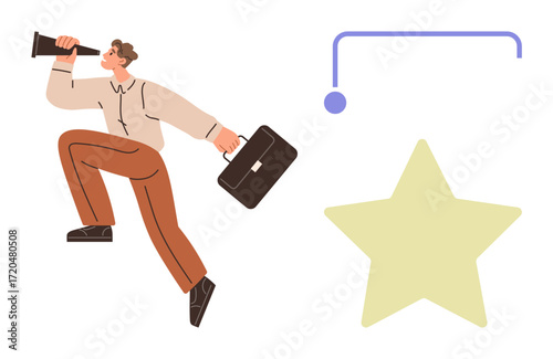 Businessperson in motion holding briefcase and telescope searching for success, large star symbolizing achievement, minimal design. Ideal for career growth, vision, ambition, leadership, opportunity