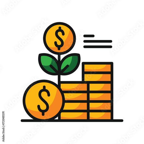 A coin plant with leaves and a stack of coins