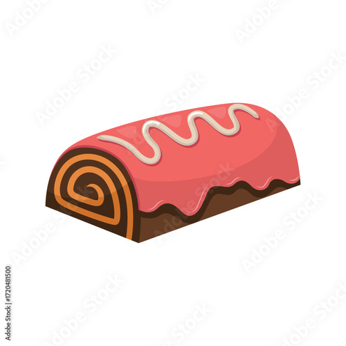 A cartoonstyle Swiss roll cake with pink frosting and white drizzle