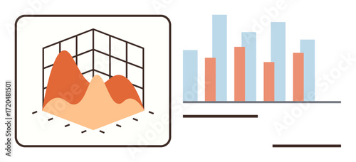 3D surface chart and bar graph visualizing data trends and correlations. Ideal for business, analytics, research, statistics, education, presentations, decision making. Clean simple flat metaphor