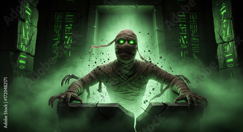 Mummy bursting out of an ancient tomb, surrounded by glowing hieroglyphs 