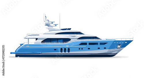 Illustration of a modern blue and white luxury yacht isolated on white background
