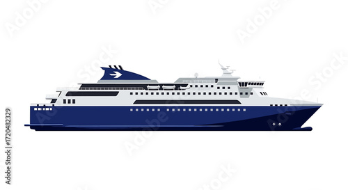 Illustration of a Blue and White Ferry Boat on White Background