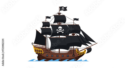Cartoon Pirate Ship with Black Sails and Skull Flag on White Background