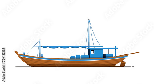 Vector Illustration of a Traditional Wooden Fishing Boat Isolated on White Background
