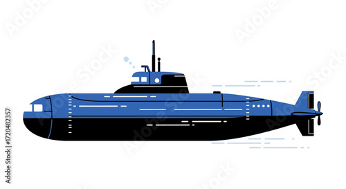 Blue and Black Submarine Isolated on White Background Vector Illustration