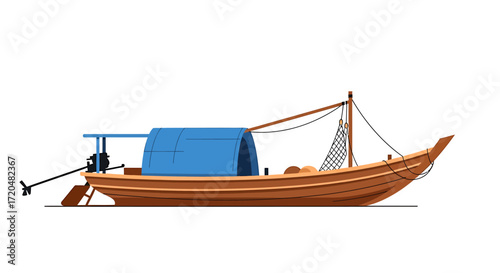 Isolated Cartoon Longtail Boat Vector Illustration, Thailand Traditional Water Transport