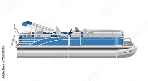 Blue and Gray Pontoon Boat Illustration on White Background