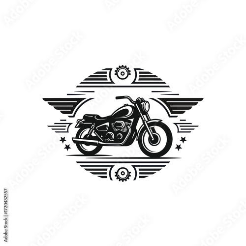 Black and white motorcycle logo with wings, gears, and stars, perfect for a biker club.