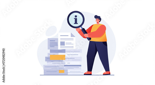 Information Search Concept: Man with Magnifying Glass Scrutinizing a Stack of Documents