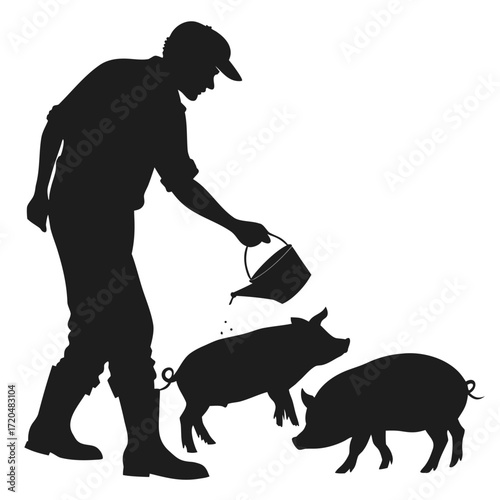 Farmer feeding piglets silhouette
