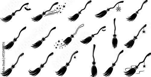 Witch's broom icon vector set. Broom illustration sign collection. Witch symbol. Halloween logo.
