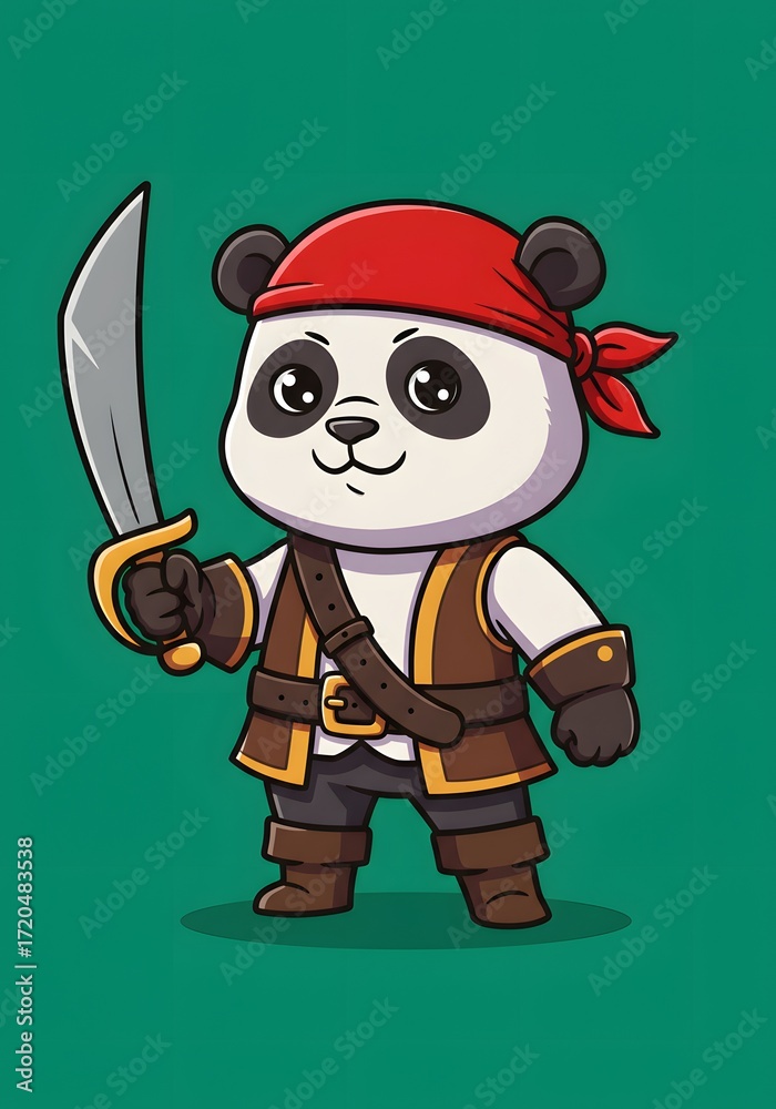 Fototapeta premium Cute Panda Pirate Holding a Sword, Cartoon Style