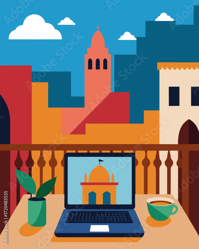 A minimalist laptop setup on a balcony adorned with colorful Moroccan tiles and a view of a vibrant market.. Vector illustration