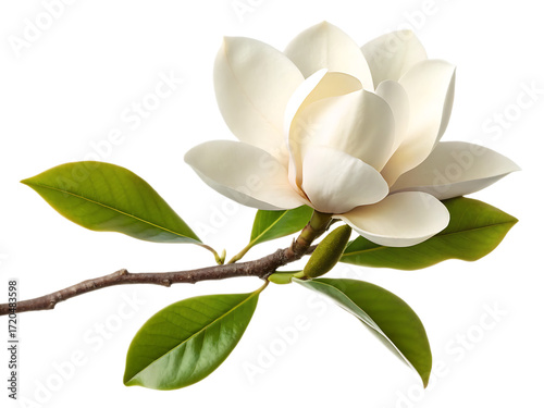 A close up of a white magnolia flower with green leaves on a branch against a black background image view
