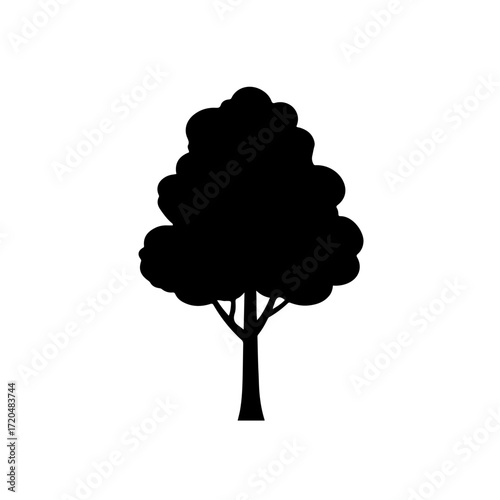 Silhouette of a tree with a full rounded crown and a visible trunk against a white background view


