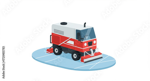 Isometric Street Sweeper Cleaning Road, Vector Illustration, Isolated on White.