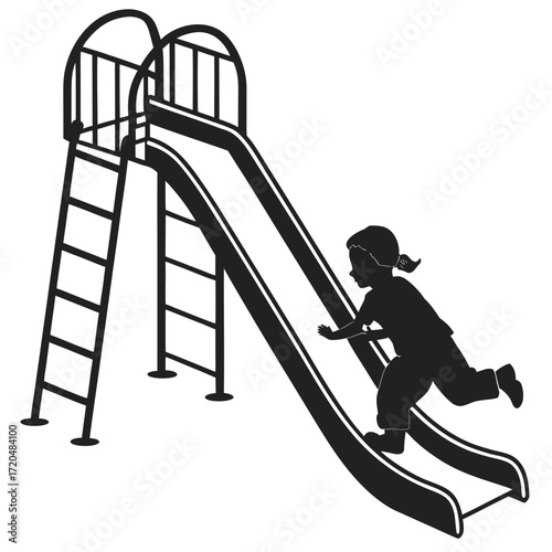 Child sliding down playground slide silhouette
