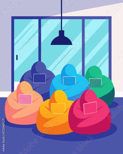 A pile of colorful bean bag chairs in one corner of the loft created a casual comfortable space for brainstorming and collaborating with other freelancers.. Vector illustration