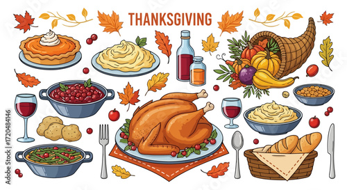 A delightful Thanksgiving feast illustration showcasing a roasted turkey, pumpkin pie, cranberry sauce, mashed potatoes, and cornucopia for holiday greetings