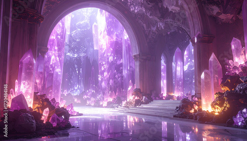 Majestic Crystal Cavern Hallway with Archways and Reflective Floors, Fantasy Crystal Palace with Glowing Light and Ancient Architecture