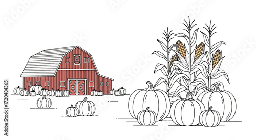 A charming autumn harvest scene featuring a rustic red barn, plump pumpkins, and tall corn stalks for seasonal designs and fall-themed illustrations