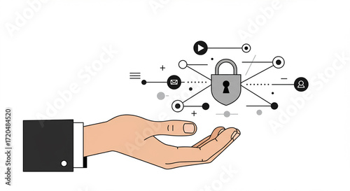 Minimalist Hand Presenting Secure Digital Network with Central Padlock and Interconnected Data Icons