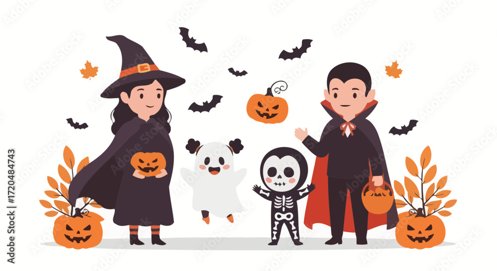 Fototapeta premium A cheerful halloween party illustration featuring children in costume as a witch, vampire, ghost, and skeleton for seasonal celebrations and invitations