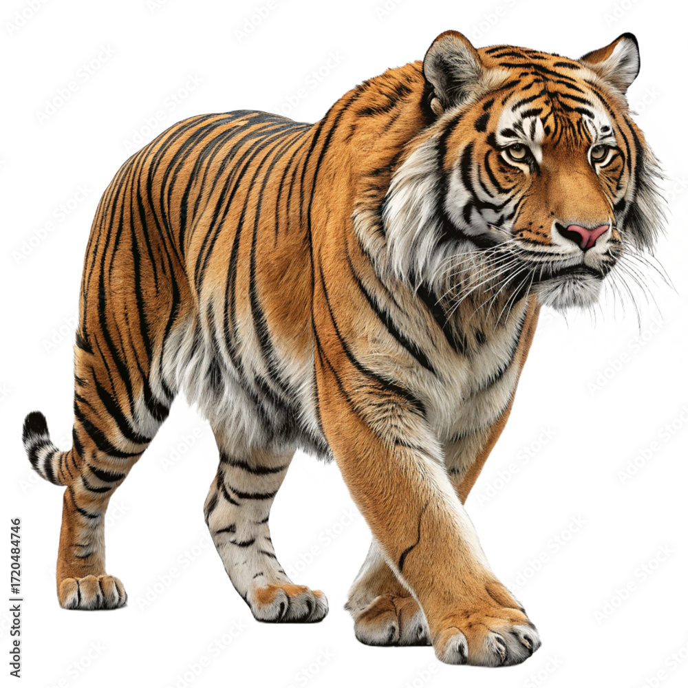 Obraz premium A majestic tiger walking forward with an intense gaze and its distinctive orange and black striped fur coat created with generated ai