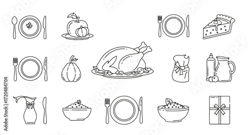 A minimalist line art set depicting a thanksgiving dinner with turkey, pie, and all the traditional sides for culinary themed designs