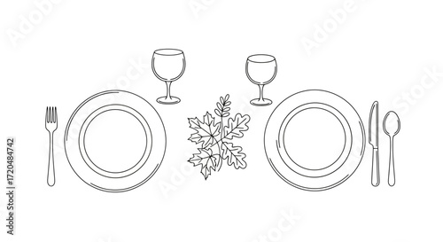 Minimalist line art of a formal table setting featuring plates, silverware, glasses, and a floral centerpiece for invitations and elegant event design