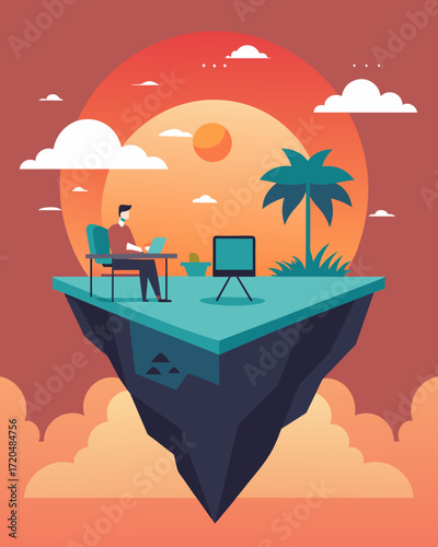 A floating oasis with a secluded work area perfect for meetings and brainstorming sessions while surrounded by beautiful sunsets.. Vector illustration