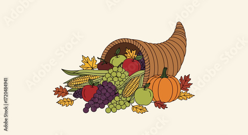 An autumnal cornucopia filled with ripe seasonal fruits, vegetables, and colorful foliage for Thanksgiving harvest celebrations and seasonal graphic designs
