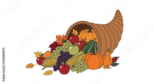 A cornucopia illustration overflowing with autumnal fruits and vegetables, perfect for thanksgiving designs and harvest festival promotions, conveying themes of abundance and gratitude