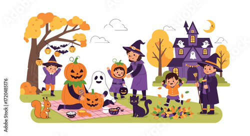 A whimsical halloween celebration with children in costumes enjoying a picnic near a haunted house under a crescent moon with festive autumn decorations