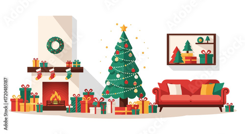 A cozy christmas interior with a decorated tree, fireplace, presents, and red sofa creating a warm and inviting atmosphere for holiday celebrations and seasonal greetings.