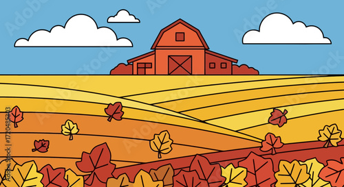 A stylized illustration of a rural autumn landscape depicting a barn nestled among golden fields and falling leaves for seasonal designs