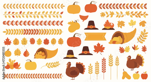 A festive collection of thanksgiving elements including pumpkins, cornucopias, pilgrim hats, turkeys, leaves, and wheat for autumn holiday designs and celebratory decorations