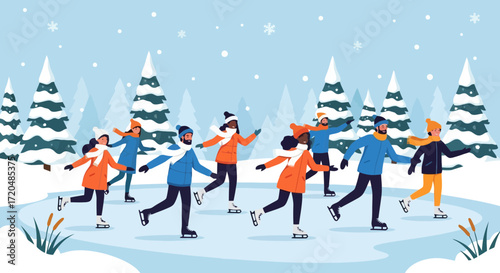 A whimsical winter scene of diverse people ice skating on a frozen lake surrounded by snow-covered trees, creating a joyful holiday season atmosphere for seasonal greetings