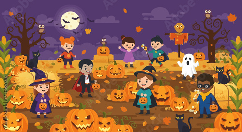 A delightful halloween cartoon illustration featuring children in costumes gathering pumpkins and hay bales under a full moon for festive seasonal celebrations