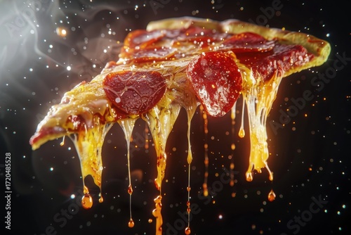 A delicious slice of pepperoni pizza dripping with cheese and sauce against a dark, smoky background
