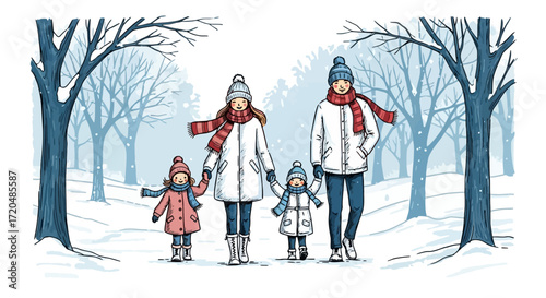 A heartwarming illustration of a family walking together in a snowy winter landscape, perfect for holiday cards, seasonal greetings, and family-themed designs.