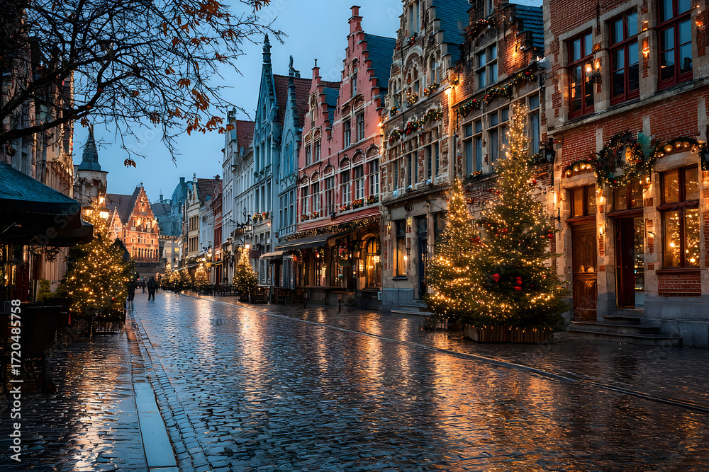 Fototapeta premium Christmas Old Market square in the center of Bruges, Belgium