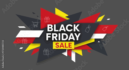 A Dynamic Black Friday Sale Announcement Featuring Bold Geometric Shapes, Gift Icons, and a Modern Color Palette Perfect for Retail Marketing Campaigns